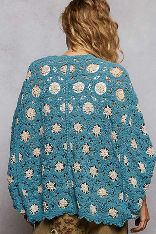 POL Floral Contrast Crochet Cardigan Top - Teal Blue/Cream