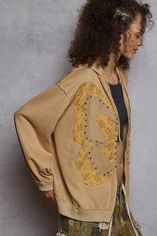 POL French Terry Stud Detail Floral Pattern Hoodie Knit Jacket