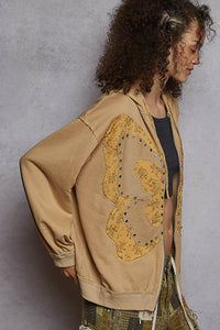POL French Terry Stud Detail Floral Pattern Hoodie Knit Jacket