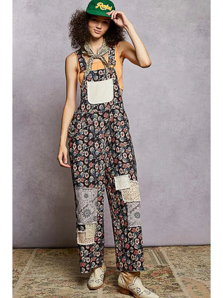 POL Sleeveless Printed Corduroy Patchwork Overalls - Black Multi