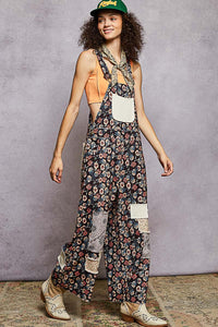 POL Sleeveless Printed Corduroy Patchwork Overalls