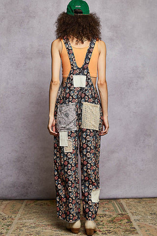 POL Sleeveless Printed Corduroy Patchwork Overalls - Black Multi
