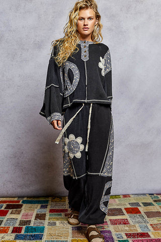 POL Double Gauze Mix Patch Floral Pattern Thermal Knit Pants - Black