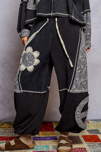 POL Double Gauze Mix Patch Floral Pattern Thermal Knit Pants