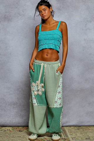 POL Double Gauze Mix Patch Floral Pattern Thermal Knit Pants - Mint Green