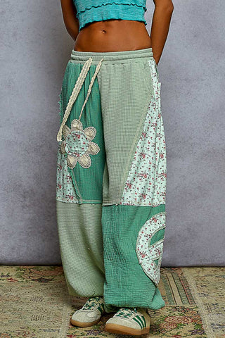 POL Double Gauze Mix Patch Floral Pattern Thermal Knit Pants - Mint Green
