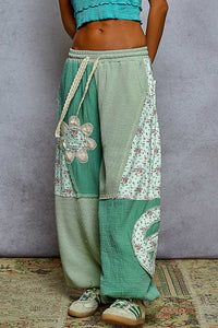 POL Double Gauze Mix Patch Floral Pattern Thermal Knit Pants