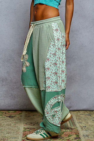 POL Double Gauze Mix Patch Floral Pattern Thermal Knit Pants - Mint Green