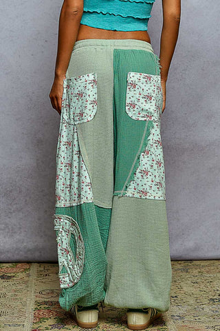 POL Double Gauze Mix Patch Floral Pattern Thermal Knit Pants - Mint Green