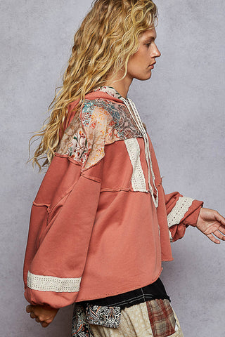 POL French Terry Gauze Print Patch Trim Hoodie Knit Top - Ginger Spice