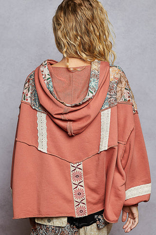 POL French Terry Gauze Print Patch Trim Hoodie Knit Top - Ginger Spice
