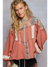 Load image into Gallery viewer, POL French Terry Gauze Print Patch Trim Hoodie Knit Top
