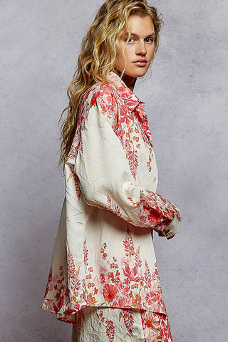 POL Long Sleeve Printed Woven Novelty Button Closure Shirt