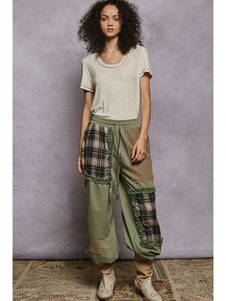 POL Plaid Contrast French Terry Jogger Pants Matcha