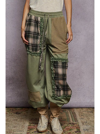POL Plaid Contrast French Terry Jogger Pants Matcha