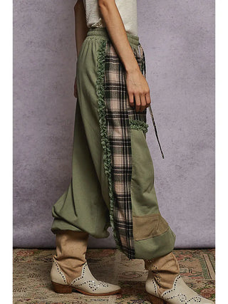 POL Plaid Contrast French Terry Jogger Pants Matcha