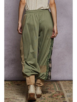 POL Plaid Contrast French Terry Jogger Pants Matcha