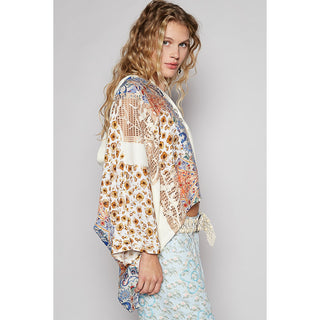 POL Oversize Long Thermal Crochet Contrast Patch Top - Natural