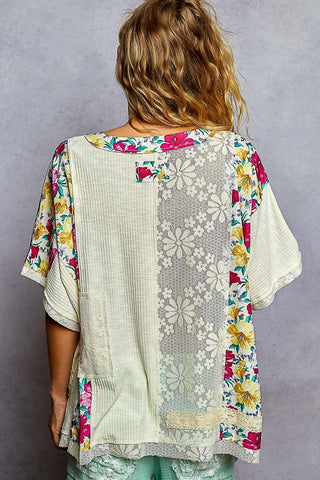 POL Round Neck Floral Knit Rib Top - Natural