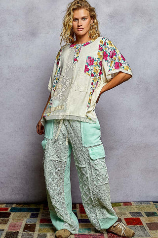 POL Round Neck Floral Knit Rib Top - Natural