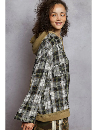 POL Snap Button Down Plaid Hooded Jacket