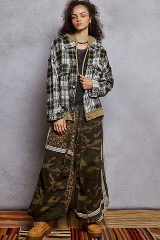 POL Snap Button Down Plaid Hooded Jacket