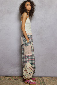 POL Textured Plaid Double Gauze Shirring Jogger Pants