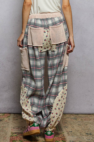 POL Textured Plaid Double Gauze Shirring Jogger Pants Pink Multi