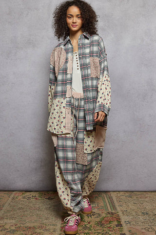 POL Textured Plaid Double Gauze Shirring Jogger Pants Pink Multi