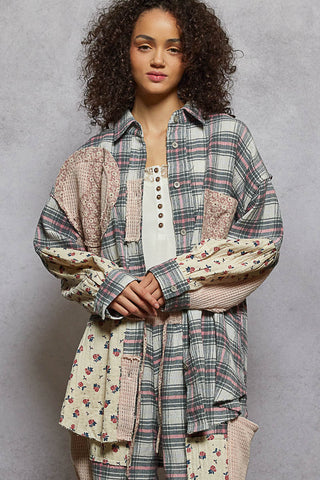 POL Vintage Washed Plaid Peace Patch Shirt Top- Pink Multi