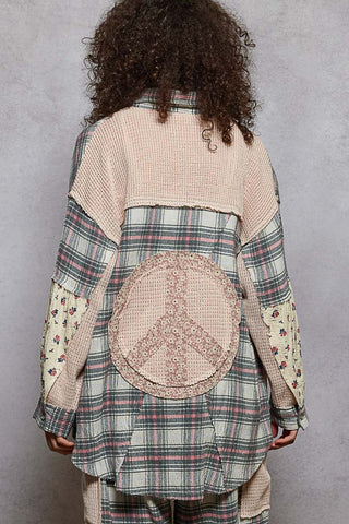 POL Vintage Washed Plaid Peace Patch Shirt Top