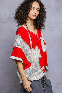 POL Lace V-Neck Hoodie Top – Relaxed Neutral Rib with Lace Detail