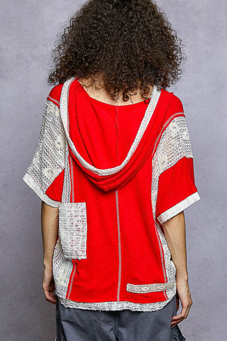 POL Lace V-Neck Hoodie Top – Relaxed Neutral Rib with Lace Detail - Ruby