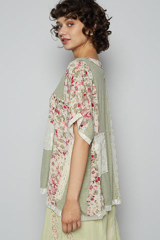 POL Round Neck Floral Knit Rib Top - Sage