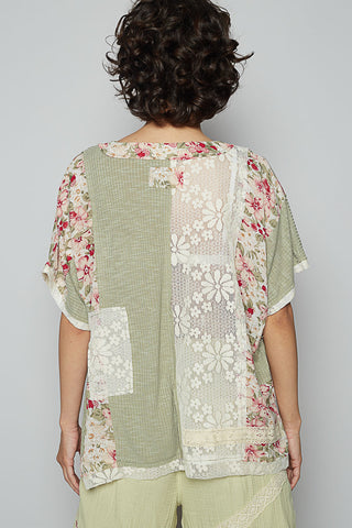 POL Round Neck Floral Knit Rib Top - Sage