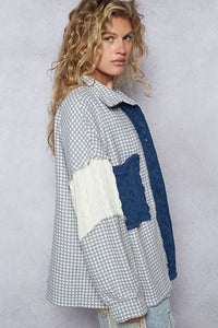 POL Houndstooth Contrast Sweater Panels Pocket Shacket