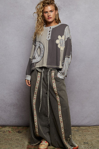 POL Round Neck Peace Patch Floral Oversized Fit Knit Top - Stone Charcoal