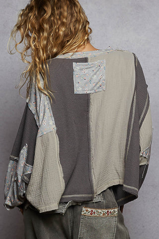 POL Round Neck Peace Patch Floral Oversized Fit Knit Top - Stone Charcoal