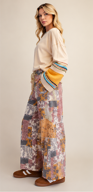 Easel - Animal Floral Washed Terry Knit Pants