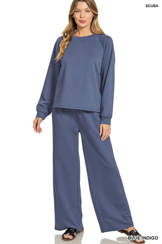 Zenana - Scuba crewneck pullover & pants set - Blue Indigo