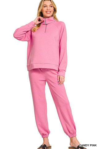 Zenana- Scuba Half Zip Sweatshirts & Joggers Set