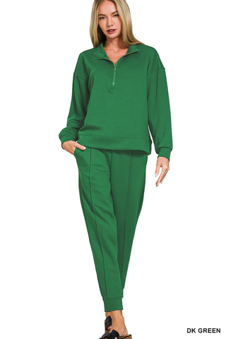 Zenana - DK Green Scuba Half Zip Pullover & Jogger Set