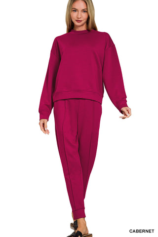 Zenana - Cabernet Scuba Mock Neck Pullover & Joggers Set