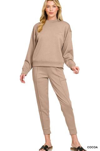 Zenana - Cocoa Scuba Mock Neck Pullover & Joggers Set