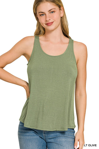 Zenana - Flowy Hem Rayon Sleeveless Tank Top - Light Olive