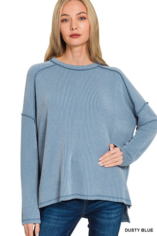 Zenana Raised Rib Raw Edge Boatneck Long Sleeve Top