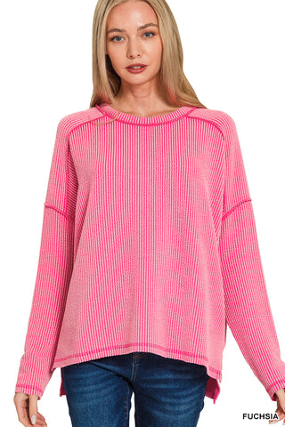 Zenana Raised Rib Raw Edge Boatneck Long Sleeve Top