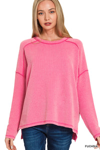 Zenana Raised Rib Raw Edge Boatneck Long Sleeve Top