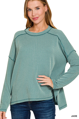Zenana Raised Rib Raw Edge Boatneck Long Sleeve Top