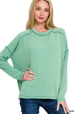 Zenana Raised Rib Raw Edge Boatneck Long Sleeve Top